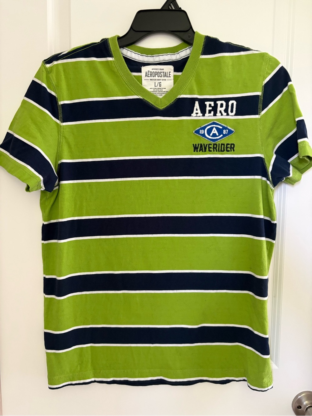 Aeropostale Lime Green & Navy Striped V-Neck Tee SZ-LARGE